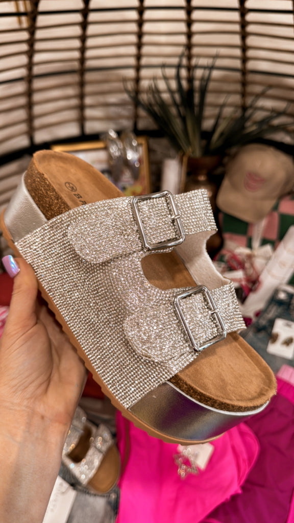 The Birk Platform Slide in Silver Crystal